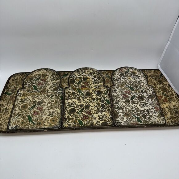 4 Vintage Knobler Plates Serving Tray Set Parisian Parrot Asian Hummingbird Chic - Picture 9 of 10